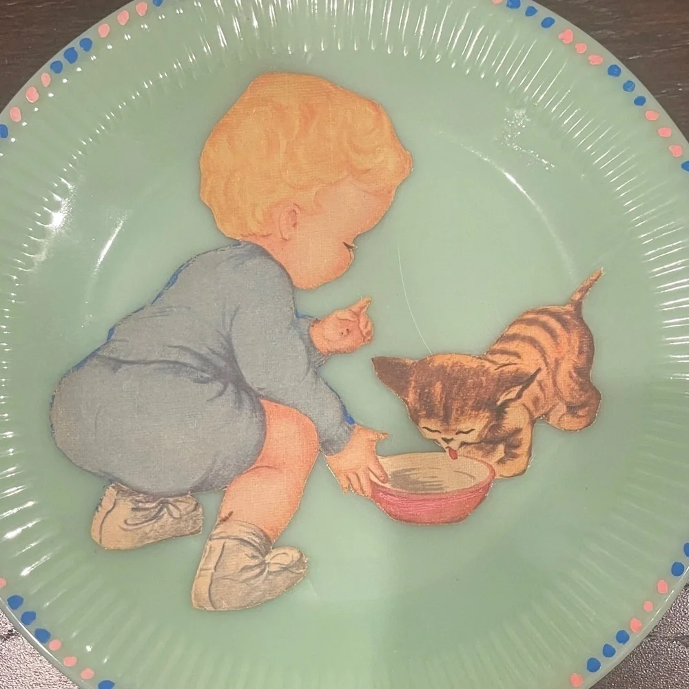 Fire King Mint Plates with Baby and Puppy/Kitten Illustrations